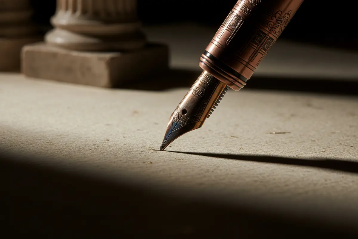 Antique fountain pen inscribing a ledger page beside a stone column, evoking precision and permanence in record-keeping