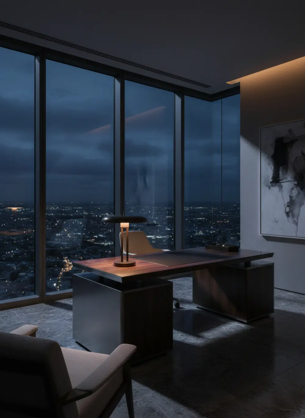 Dark, glass-walled executive office overlooking a lit city skyline at night