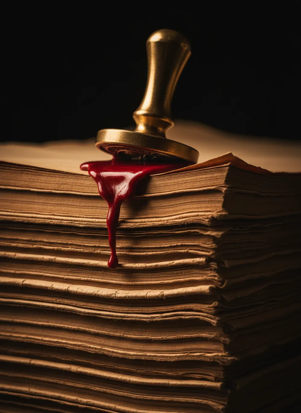 Gold wax seal stamped over a thick stack of aged legal documents